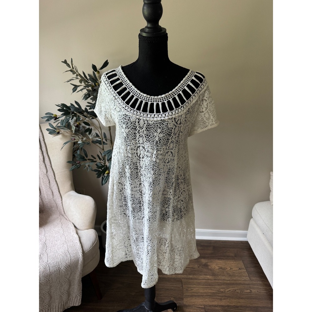 Free People Ivory Lace Open Back Mini Dress Crochet Neckline Boho Ivory Small
